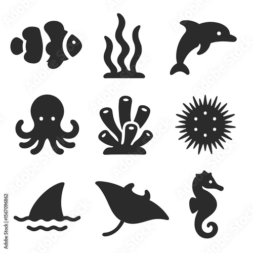 Marine Biodiversity Icons. Solid, filled icons set of marine biodiversity: clownfish, seaweed, dolphin,
