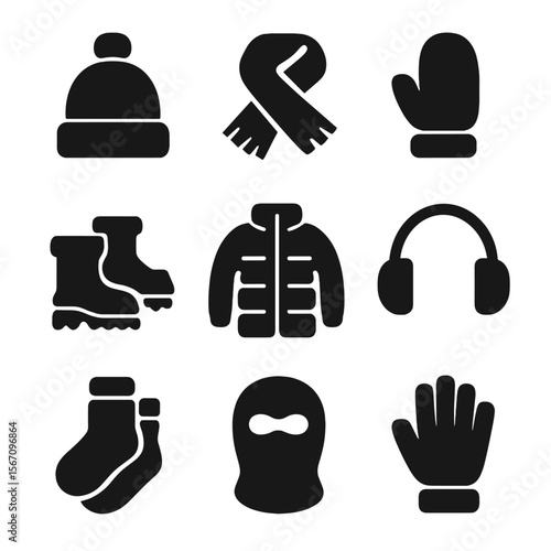 Winter Clothing Icons. Solid, filled icon set of winter clothing: beanie hat, scarf, mittens, winter boots, puffer jacket,