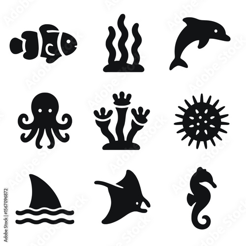 Marine Biodiversity Icons. Solid, filled icons set of marine biodiversity: clownfish, seaweed, dolphin,