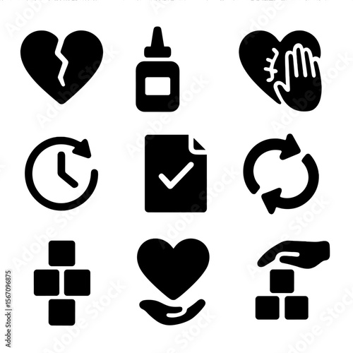 Rebuilding Trust Icons. Solid, filled icon set of rebuilding broken trust: cracked heart, glue bottle, mending hand, stitched bond