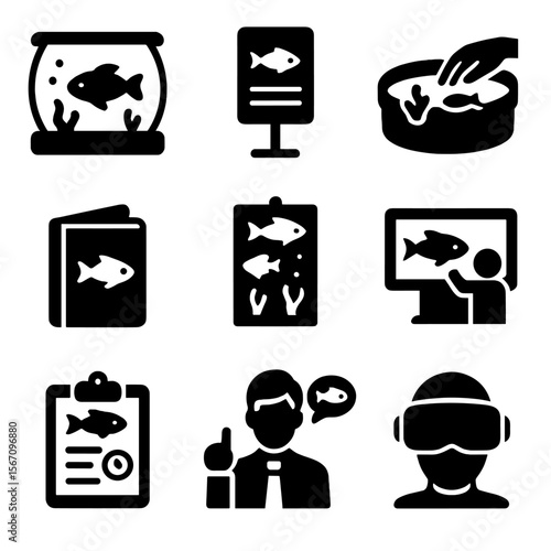 Marine Exhibit Icons. Solid, filled icons set of educational marine exhibits: aquarium tank, info panel, touch