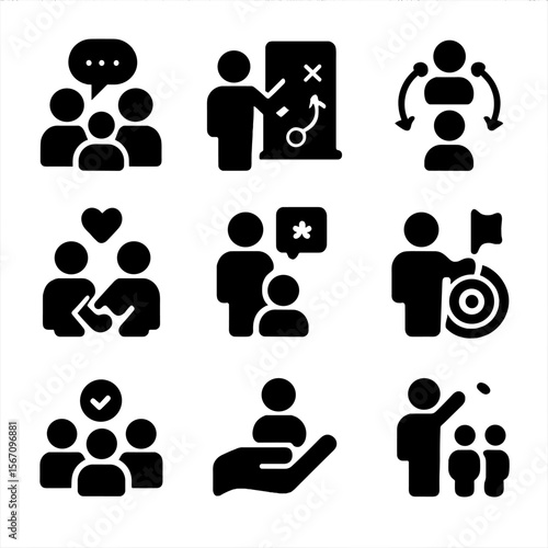 Team Leadership Icons. Solid, filled icon set of team leadership strategies: communication, planning, coordination, trust,