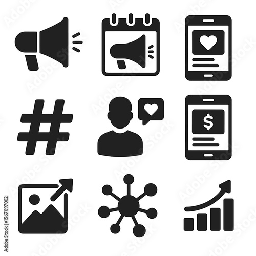 Marketing Icons Grid. Solid, filled icons set of marketing campaigns: megaphone, campaign calendar, social