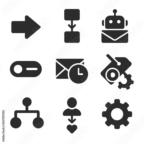 Marketing Automation Icons. Solid, filled icons set of marketing automation tools: workflow arrow, sequence