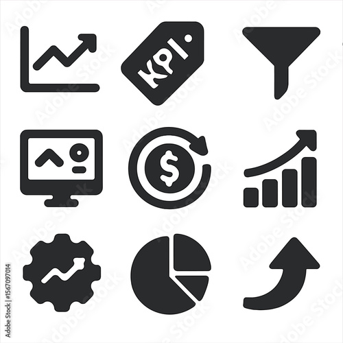 Marketing Metrics Icons. Solid, filled icons set of marketing performance metrics: line chart, KPI tag,
