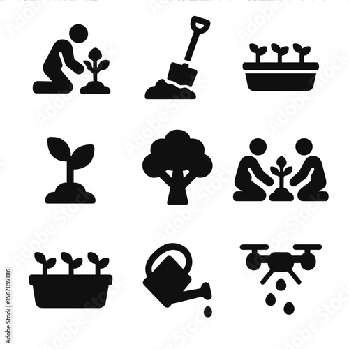 Reforestation Icons. Solid, filled icon set of reforestation activities: tree planting, shovel in soil, seedling tray, forest