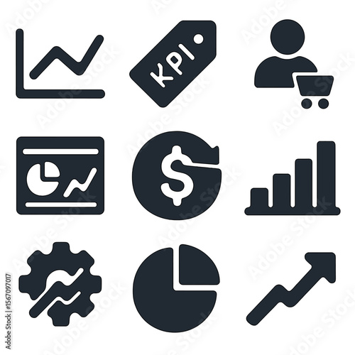 Marketing Metrics Icons. Solid, filled icons set of marketing performance metrics: line chart, KPI tag,