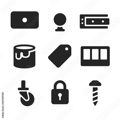 Refurbished Drawer Icons. Solid, filled icon set of refurbished drawer storage: drawer front, handle knob, sliding rail, paint can
