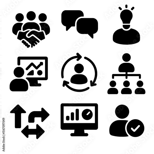 Marketing Team Icons. Solid, filled icons set of cross-functional marketing teams: collaboration icon, message