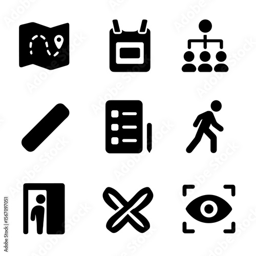 Relay Race Icons. Solid, filled icon set of relay race preparation: route map, runner tag, team chart, baton icon, lineup card,