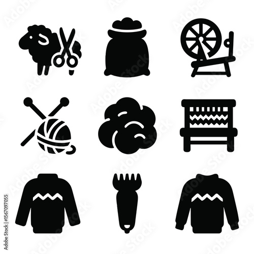Wool Production Icons. Solid, filled icon set of wool production with sheep: sheep with scissors, wool sack, spinning wheel,