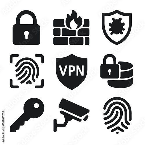 Tech Security Icons. Solid, filled icon set of tech security: padlock, firewall, antivirus shield, biometric scan, VPN shield,