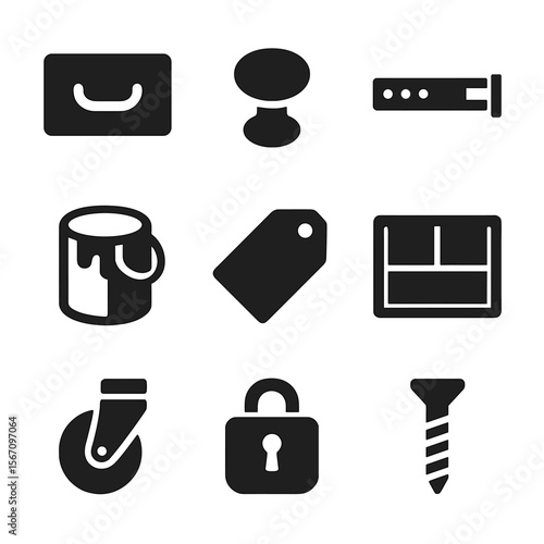 Refurbished Drawer Icons. Solid, filled icon set of refurbished drawer storage: drawer front, handle knob, sliding rail, paint can