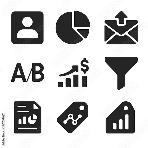 Marketing Strategy Icons. Solid, filled icons set of data-driven marketing strategies: customer profile,