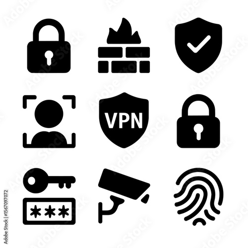 Tech Security Icons. Solid, filled icon set of tech security: padlock, firewall, antivirus shield, biometric scan, VPN shield,