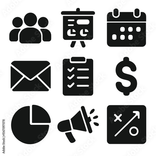 Marketing Icon Set. Solid, filled icons set of managing marketing teams and campaigns: team icon, campaign