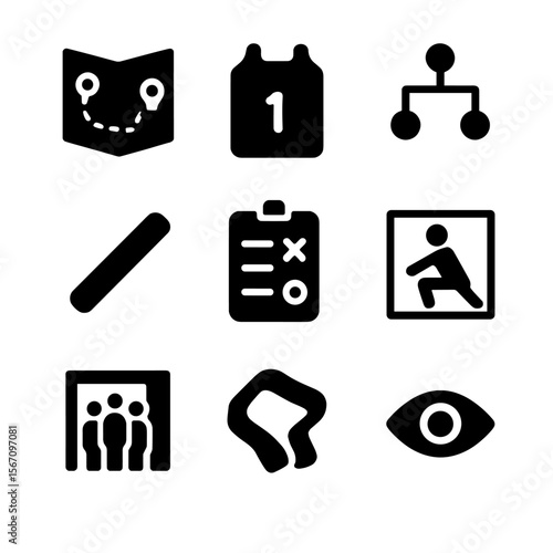 Relay Race Icons. Solid, filled icon set of relay race preparation: route map, runner tag, team chart, baton icon, lineup card,