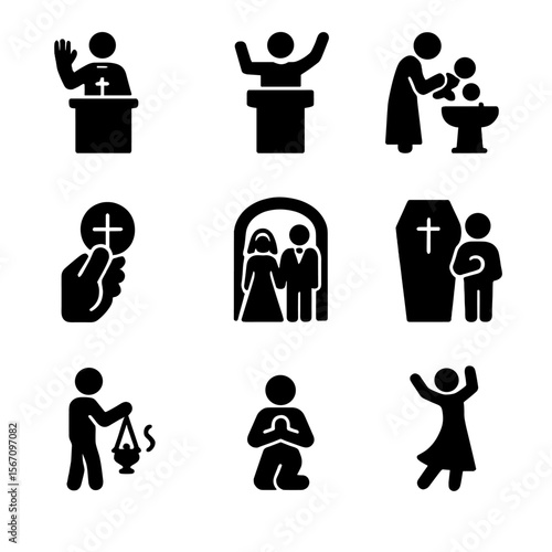 Religious Ceremony Icon Set. Solid, filled icon set of religious ceremony moments: blessing gesture, preaching figure, baptism