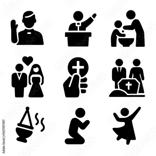 Religious Ceremony Icon Set. Solid, filled icon set of religious ceremony moments: blessing gesture, preaching figure, baptism