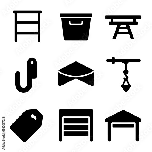 Maximized Garage Icons. Solid, filled icons set of maximizing garage space: compact shelf, stackable bin,