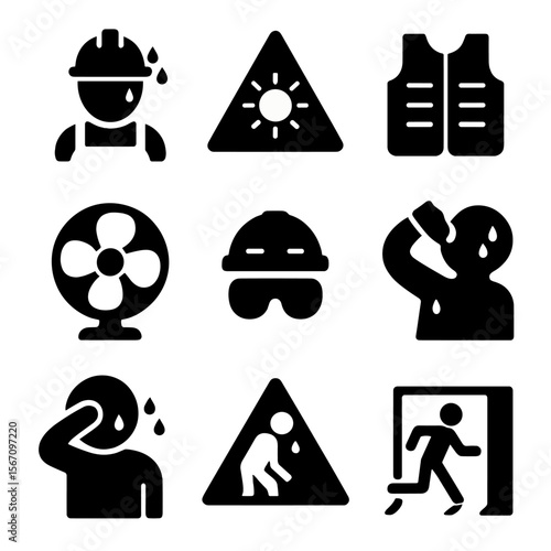 Workplace Heat Safety Icons. Solid, filled icon set of workplace sweating: factory worker, heat hazard sign, cooling vest, fan,