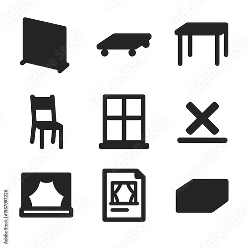 Theater Props Icons. Solid, filled icon set of set design and rehearsal props: fake wall, movable platform, table prop, chair prop