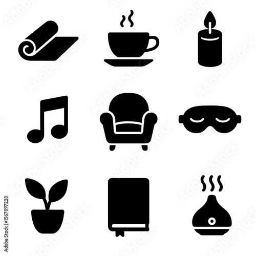 Workplace Relaxation Icons. Solid, filled icon set of workplace relaxation techniques: yoga mat, cup of tea, candle, music note,