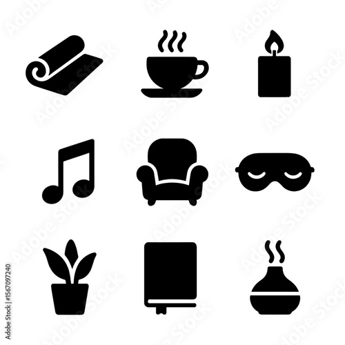 Workplace Relaxation Icons. Solid, filled icon set of workplace relaxation techniques: yoga mat, cup of tea, candle, music note,