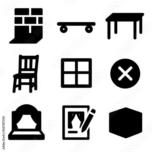 Theater Props Icons. Solid, filled icon set of set design and rehearsal props: fake wall, movable platform, table prop, chair prop