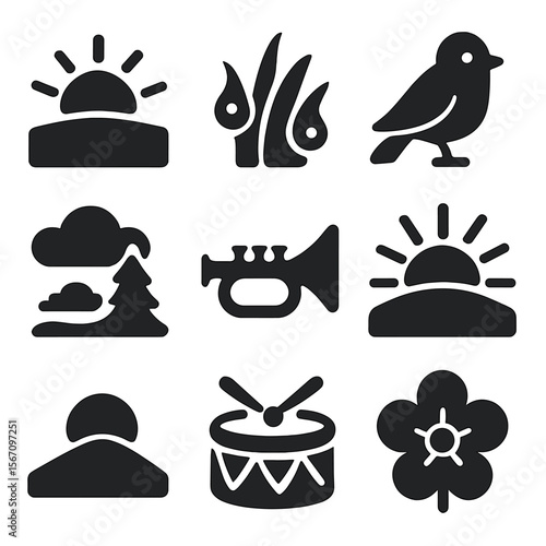 May Day Icons. Solid, filled icons set of May Day sunrise celebrations: rising sun, dewy grass, early bird,