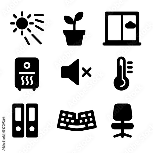 Workspace Icon Set. Solid, filled icon set of workspace environment: natural light, desk plant, clean desk, window view, air