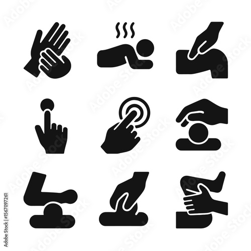 Therapeutic Massage Icons. Solid, filled icon set of therapeutic massage techniques: hand massage, back rub, deep tissue,