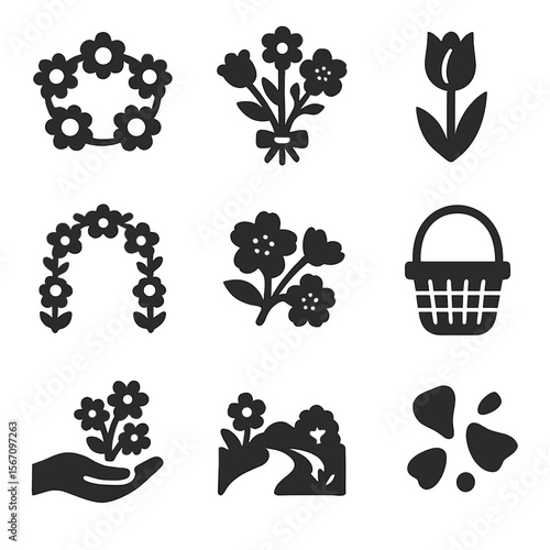 May Day Floral Icons. Solid, filled icons set of May Day floral celebrations: daisy chain, blooming bouquet,