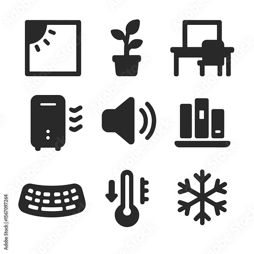 Workspace Icon Set. Solid, filled icon set of workspace environment: natural light, desk plant, clean desk, window view, air