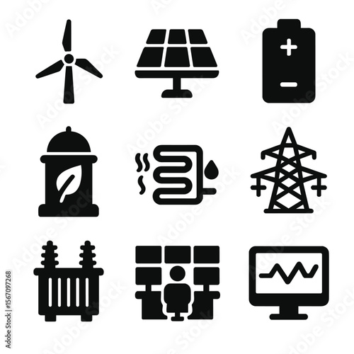 Renewable Energy Icons. Solid, filled icon set of renewable energy equipment: wind turbine, solar panel, battery storage,
