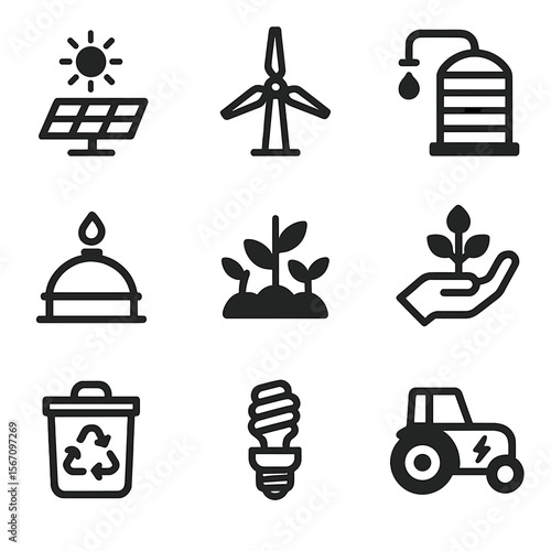 Renewable Farm Icons. Solid, filled icon set of renewable resources on livestock farms: solar panel, windmill, rainwater tank,