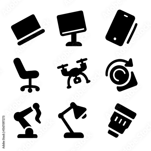 Tilt Technology Icons. Solid, filled icon set of tilt in technology: tilted laptop, adjustable monitor stand, pivoting smartphone,