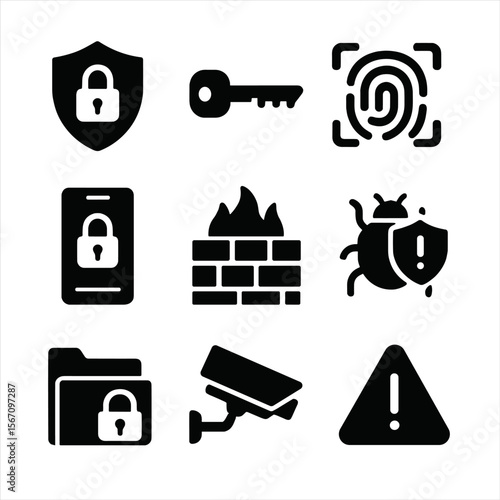 Workplace Security Icons. Solid, filled icon set of security in workplace tech: lock shield, password key, fingerprint scan,