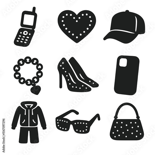 McBling Icon Collection. Solid, filled icons set of McBling fashion: flip phone, rhinestone heart, trucker hat