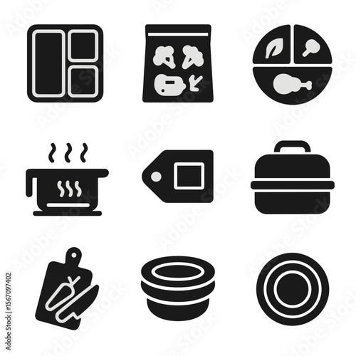 Meal Prep Icons. Solid, filled icons set of meal prep and leftovers: meal containers, freezer bags, portion