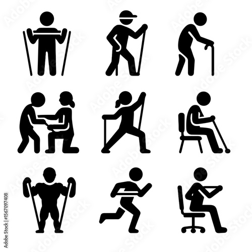 Resistance Band User Icons. Solid, filled icon set of resistance band user types: beginner, athlete, senior, physical therapist,