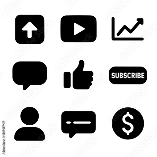 YouTube Icon Set. Solid, filled icon set of YouTube channel creation: upload button, thumbnail preview, analytics graph, comment