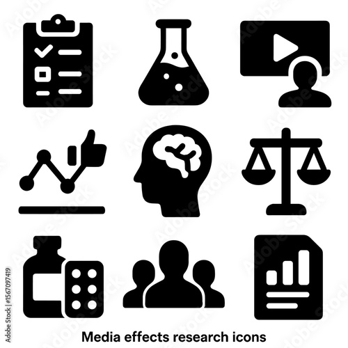 Media Effects Icons. Solid, filled icons set of media effects research: survey sheet, lab test icon, viewing