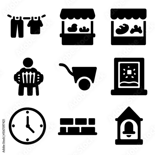 Timeless Street Icons. Solid, filled icon set of timeless street scenes: hanging laundry, market stall, bakery window, accordion