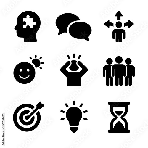 Resilience Skills Icons. Solid, filled icon set of resilience skills: problem solving, communication, adaptability, optimism,