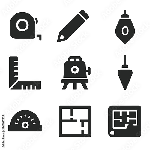 Measuring Tools Icons. Solid, filled icons set of measuring and layout: tape measure, carpenter pencil, chalk