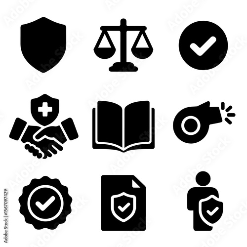 Media Ethics Icons. Solid, filled icons set of media ethics and transparency: shield icon, truth scale, source