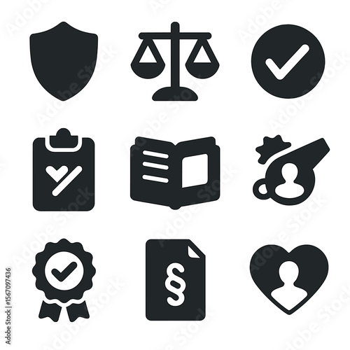 Media Ethics Icons. Solid, filled icons set of media ethics and transparency: shield icon, truth scale, source