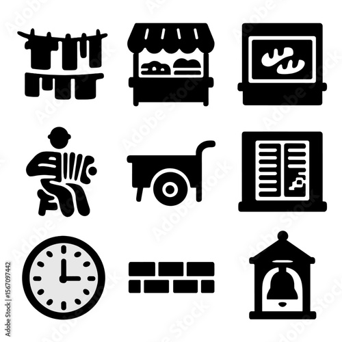 Timeless Street Icons. Solid, filled icon set of timeless street scenes: hanging laundry, market stall, bakery window, accordion