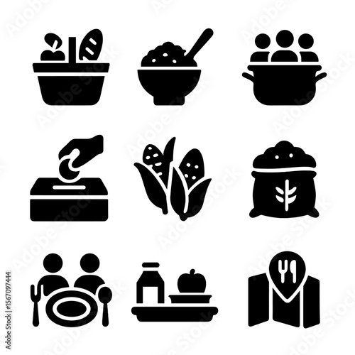 Zero Hunger Icon Set. Solid, filled icon set of zero hunger goals: food basket, rice bowl, community kitchen, donation box, farm